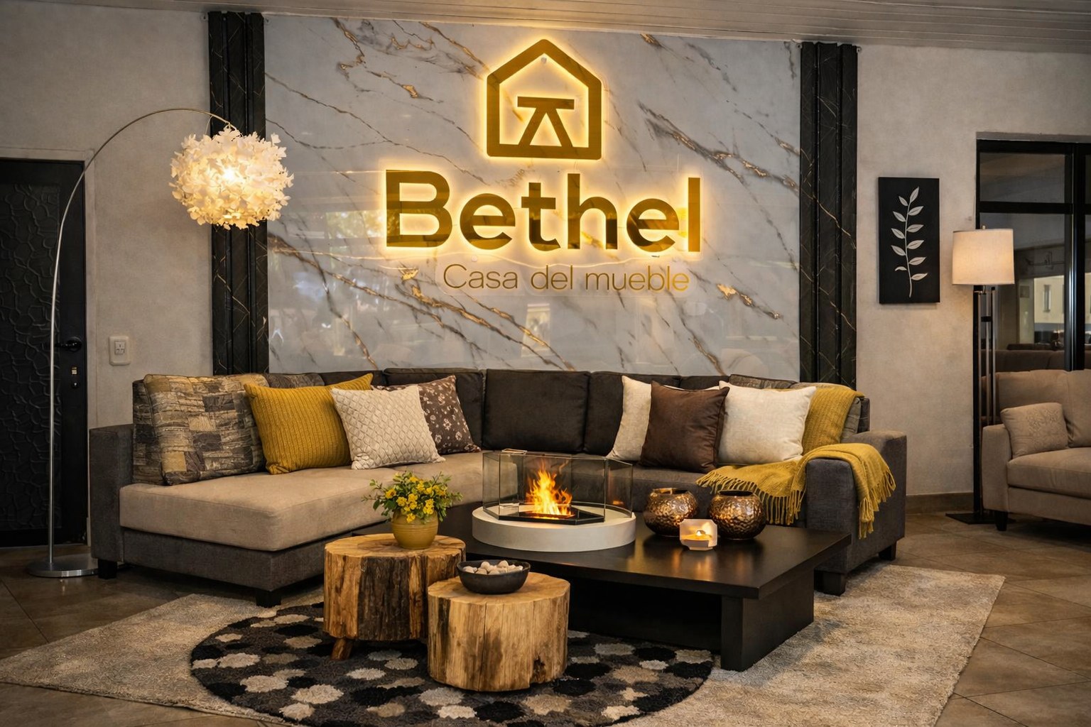 Showroom de Bethel Casa del Mueble en Santander de Quilichao, con el logo iluminado